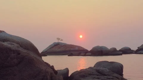 Red sun sunset with lonely tree on a big rock Vídeo Stock 150808161