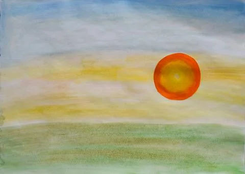 Red sun at sunset in sky. Drawing with watercolor. Stock Illustration