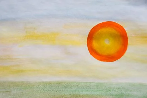 Red sun at sunset in sky. Drawing with watercolor. Stock Illustration