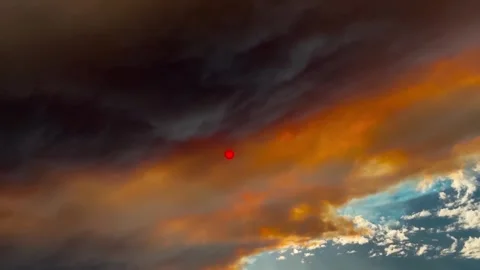 Red sun , thick black smoke in the sky during wildfires in Australia. Stock Footage 328497583