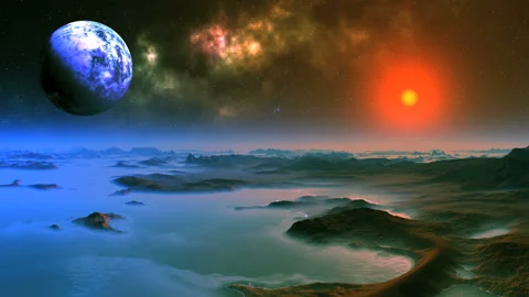 Red Sunrise on Alien Planet Stock Footage 132085491