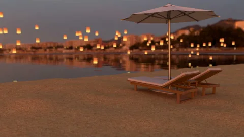 Red sunset on the exotic beach under sun umbrella Stock Footage 126435779