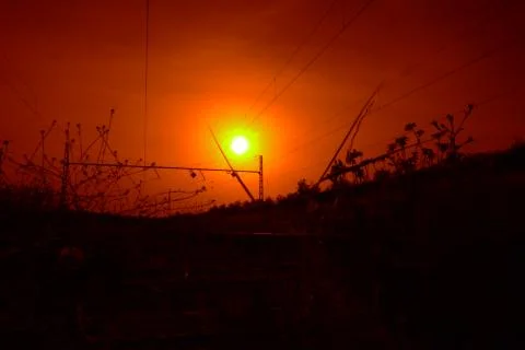 RED SUNSET ON A JAEN TRAIN ROUTE Stock Photos