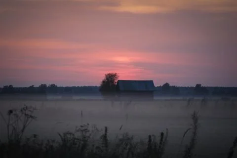 Red sunset with misty fields Stock Photos