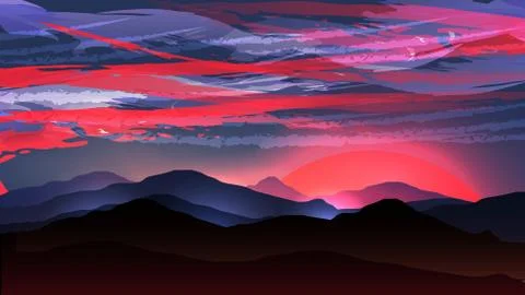 Red Sunset Mountain with Storm Clouds - Vector Illustration Stock Illustration