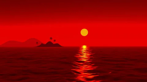 Red sunset over a calm sea, tropical island in a distance Vidéo 33299927