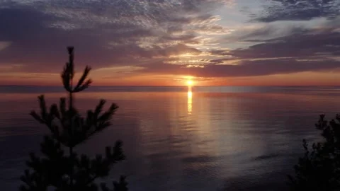 Red sunset over great lakes with treetops in foreground, Aerial Dolly Drone Shot Stock Footage 137470256