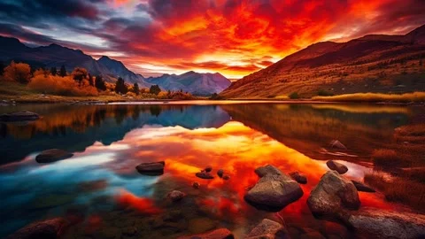 Red Sunset Over Lake Stock Footage 243599804