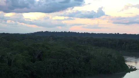 Red sunset over lowland amazon rainforest canopy and river Stock Footage 99365016