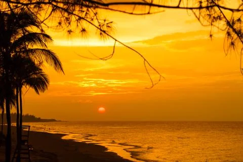 Red sunset over sea with clouds, Caribbean sea, Cuba Stock Photos