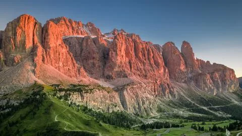 Red sunset at Passo Gardena in Dolomites, Italy Stock Photos