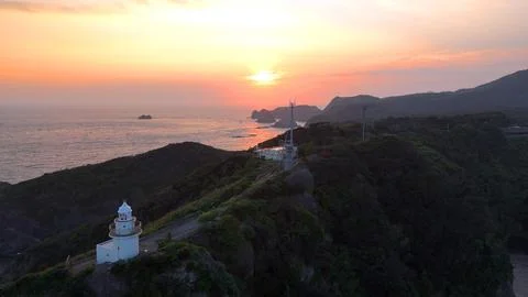 Red Sunset Sky over Cape Irozaki | Magic Hour Drone Aerial Stock Photos