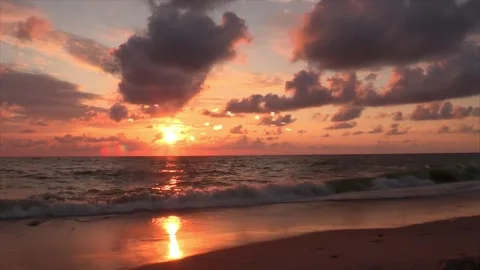 Red sunset sky with seagulls flying over ocean Stock Footage 325329228