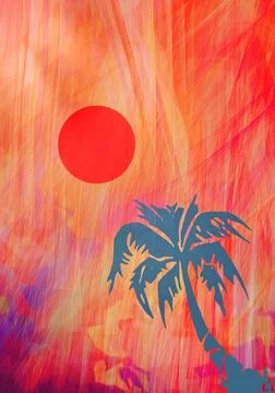 Red sunset sun in the tropics under a palm tree spectacular lighting. Stock Illustration