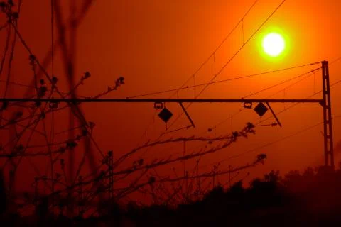RED SUNSET ON TRAIN ROUT Stock Photos