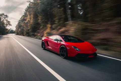Red super model car in the darkness on the forest,speed drive Stock Photos