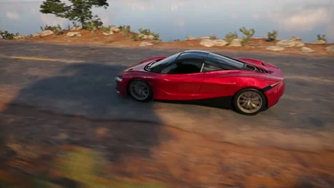 Red supercar going on Road. 3d seamless animation - lake in the background Stock Footage 154173611
