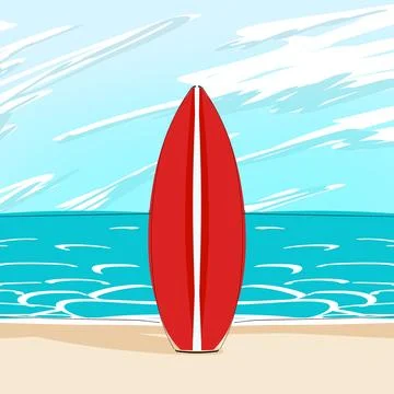 Red Surfboard Standing On Sunny Beach Illustration Stock Illustration