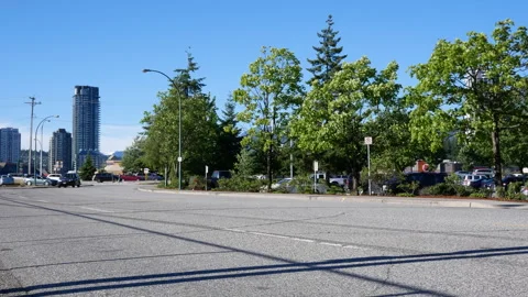 Red SUV and Dark SUV Driving on Urban Road with Cityscape and Green Trees o.. Stock Footage 338057024