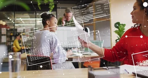 Red-sweater extending papers, seated woman receiving and sorting files UI Stock Footage 321783427