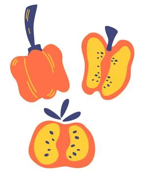 Red sweet peppers and slices set. Pepper icon. Vegetables abstract illustrati Stock Illustration