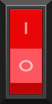 Red switch with "I" and "O" markings inside a gray frame, used for turning .. Stock Illustration