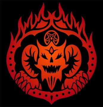 Red symbol with devil in fire circle Stock Illustration