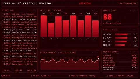 Red System Crash Kernel Failure Critical Error Monitor Screen. Stock Footage 348230763