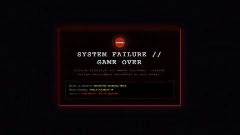 Red system failure game over critical exception error screen Stock Footage 342147721