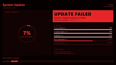 Red System Update Failed Rollback Restoring Previous Version Error Screen. Stock Footage 347789120