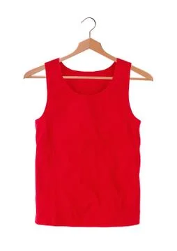 Red t-shirts on hangers isolated on white Fotos Stock