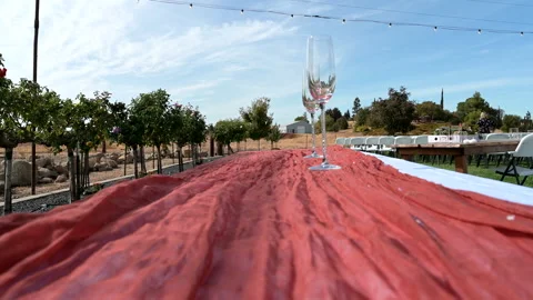 Red Table Cloth and two wine glasses outside Stock Footage 289556761