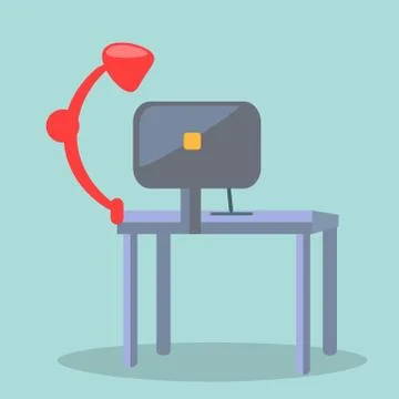 Red Table-lamp and Display of Computer on Table Stock Illustration