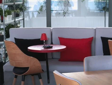 Red table in the restaurant Stock Photos