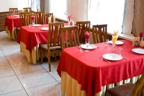 Red tables at restaurant Stock Photos