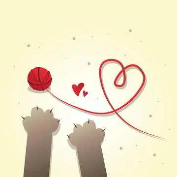Red tangle, cats paws and heart-shaped threads Stockillustratie