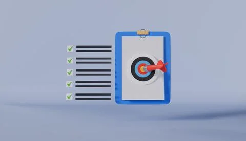 Red target and arrow on clipboard with checklist,Achieving the goal Stock Illustration