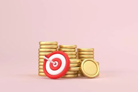 Red target and arrows with stacks coins on pink background. Business finance Stock Illustration