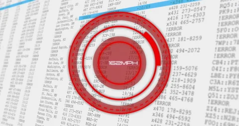 Red target animation over error codes and data with 128MPH text Stock Footage 304021327