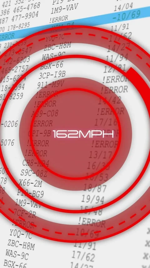 Red target animation over error codes and data with 128MPH text Video stock 343505202
