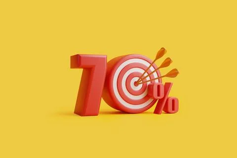 Red target with arrow form the number 70 percent on a yellow background Stock Illustration