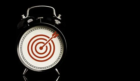 Red target board with arrow inside of alarm clock on black background Stock Photos