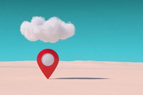 Red Target Map Pointer Pin under Cloud in Desert. 3d Rendering イラスト素材