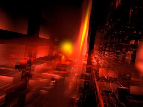 Red tech background with fire and perspective effect - 3d illustration Stock Illustration