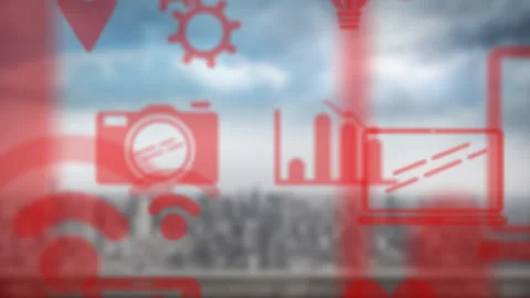 Red technology icons animating over cityscape background Video stock 304192086