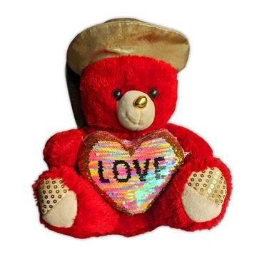 Red Teddy Bear with Gold Hat and Sequined Love Heart 写真素材