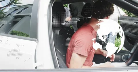 Red-tee driver opening door, reaching keys, passenger entering, tech globe Stock Footage 322640591