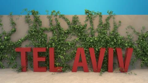 Red Tel Aviv title in front of ivy covered wall 3D render Stock Illustration