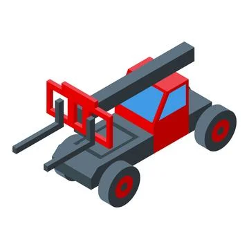 Red telehandler lifting cargo with extended arm isometric view Stock Illustration