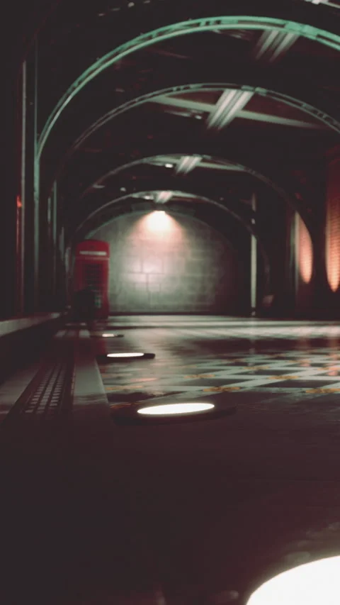 Red telephone box in an empty underground station at night Stock Footage 337974474